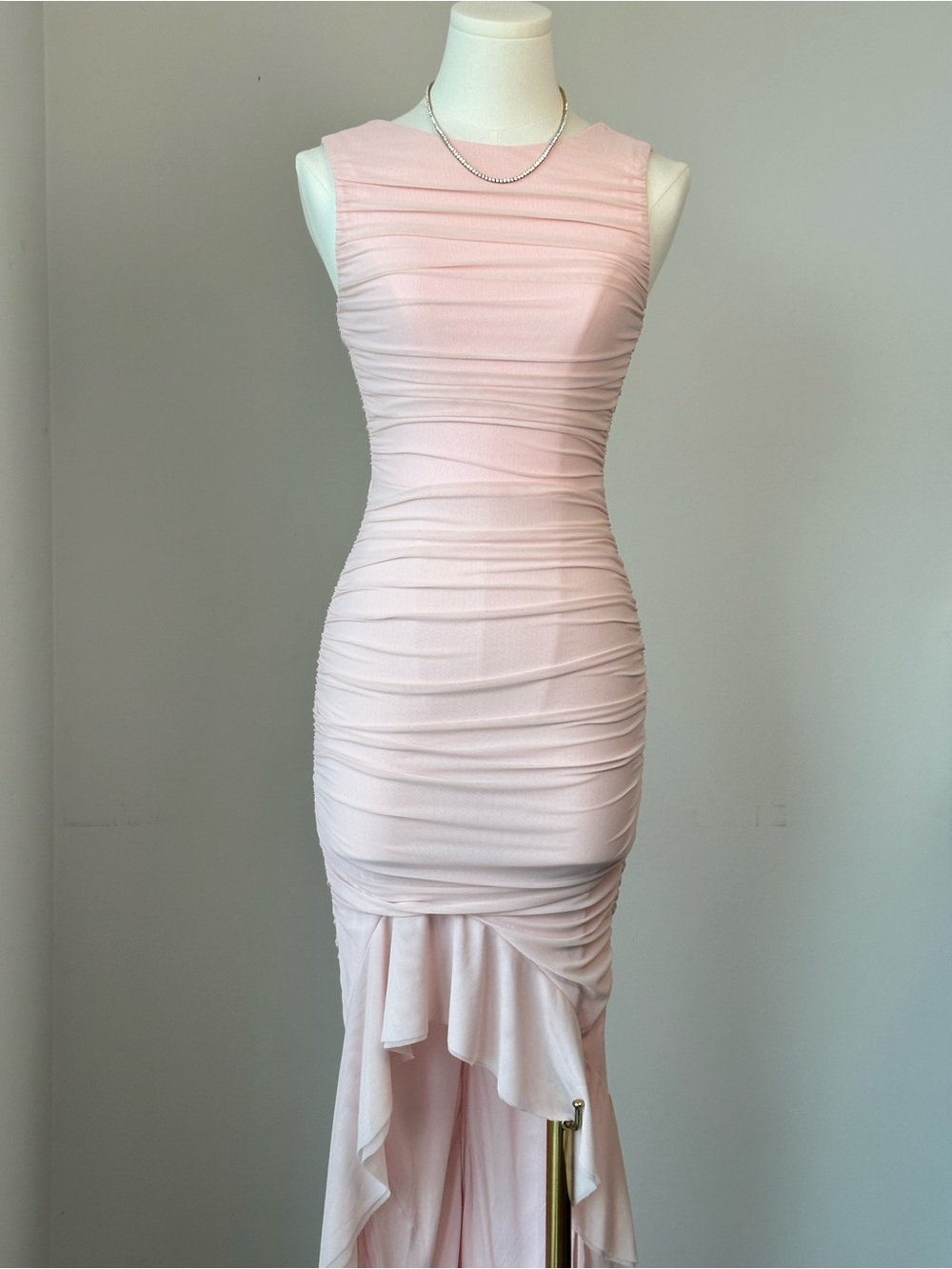 Hello Molly Ruched High-Low Mesh Body-con Dress in Light Pink